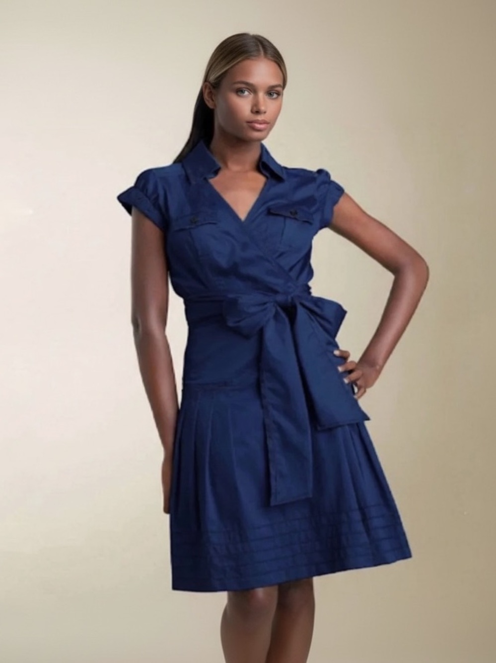 Diane von Furstenberg Edan Cotton Navy Wrap Dress Sz 12 100% Soft Poplin Cotton